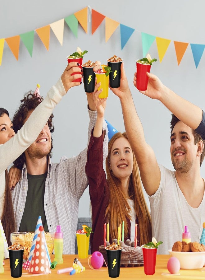 JarThenaAMCS مجموعة أكواب بلاستيكية من JarThenaAMCS، 36 قطعة، بتصميم البرق، سعة 16 أونصة، باللون الأحمر والأصفر والأسود، أكواب بلاستيكية للاستخدام مرة واحدة، أكواب كرتونية للحفلات، لوازم حفلات أعياد الميلاد وحفلات استقبال المولود الجديد - Image 5